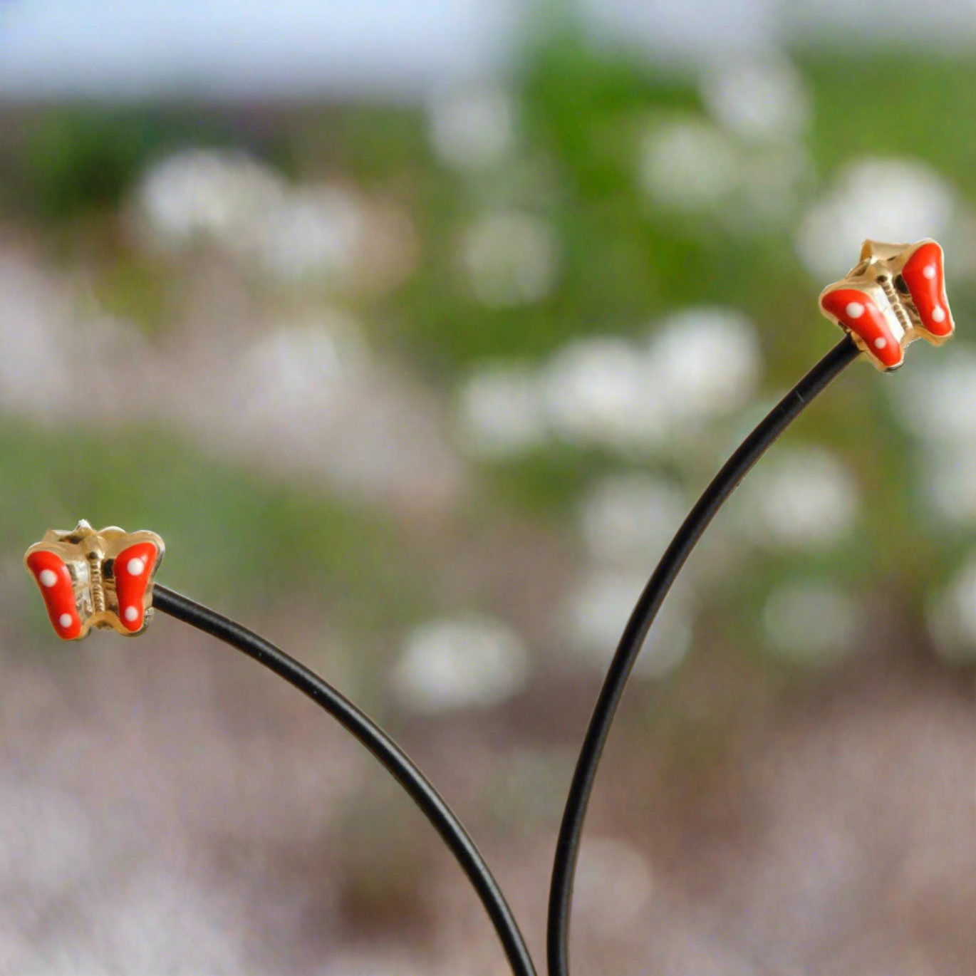 Butterlies 14k Gold stud earrings  painted with red enamel