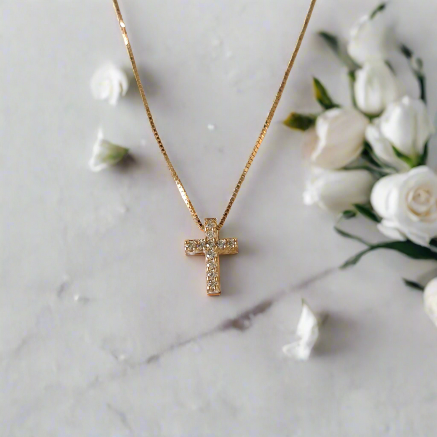 14K Gold tiny cross with zirkons - Katerina Roukouna