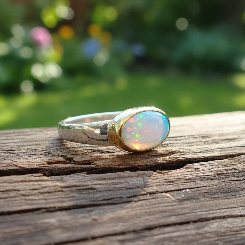 Handamde 18K and sterling silver ring with oval opal