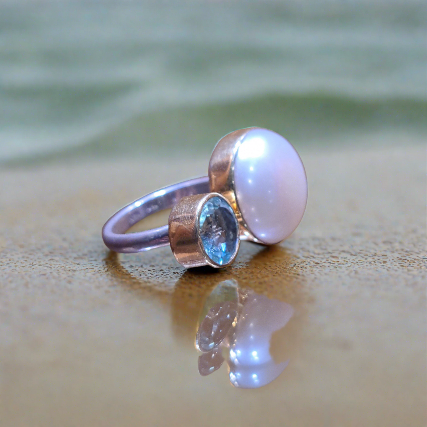Pearl and aquamarine handmade ring with 18K gold and silver. - Katerina Roukouna
