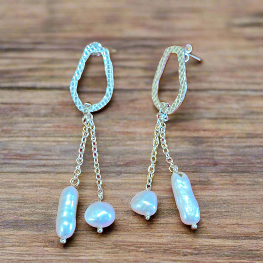 Sterling silver earrings with chains and pearls - Katerina Roukouna