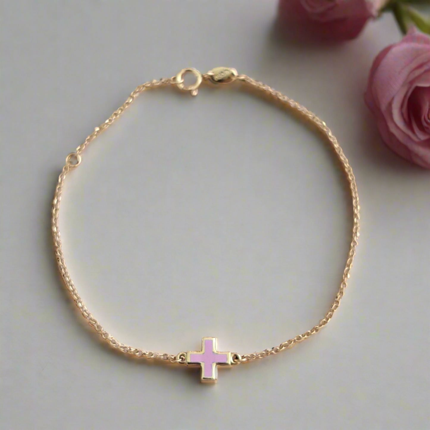 14K Gold bracelet with pink cross - Katerina Roukouna