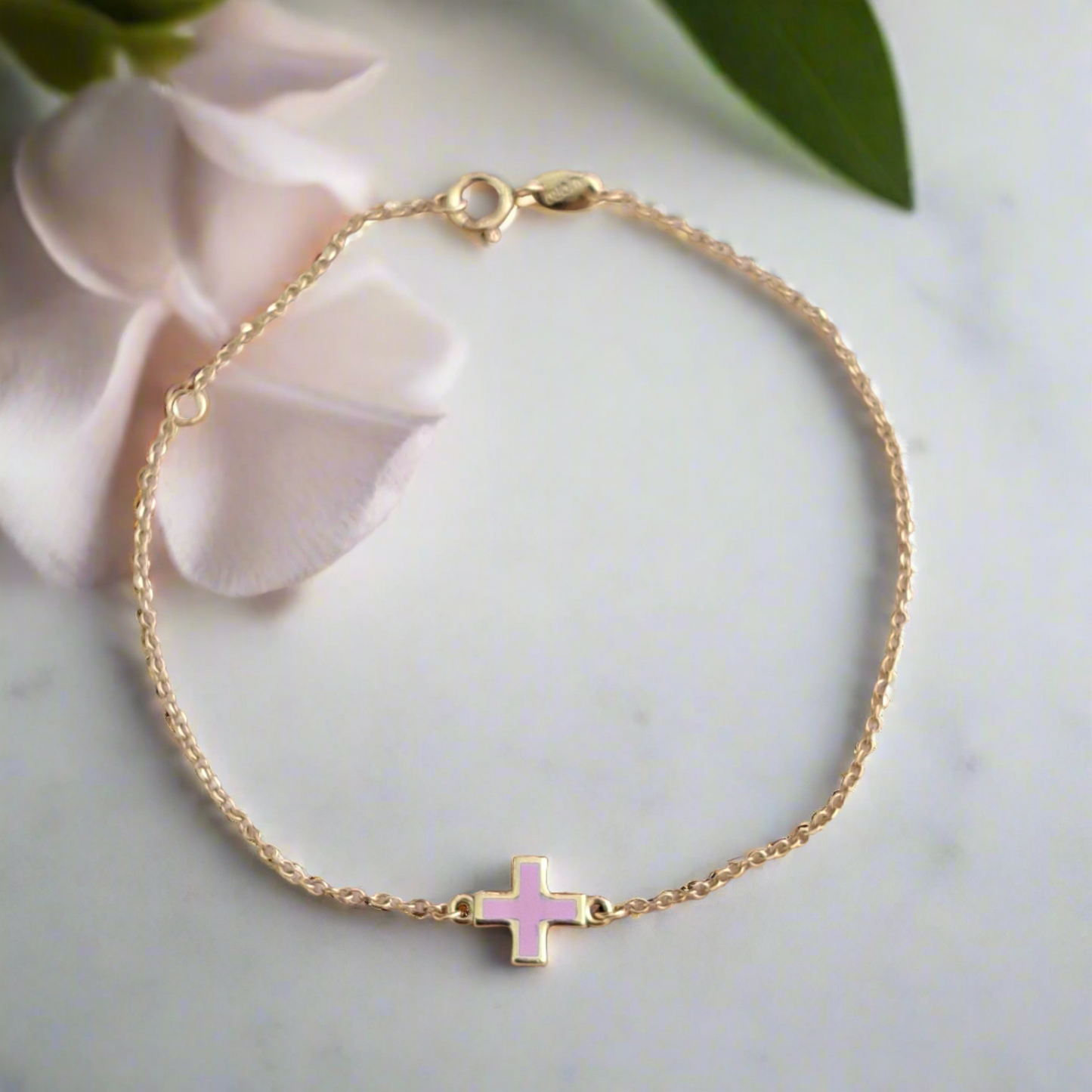 14K Gold bracelet with pink cross