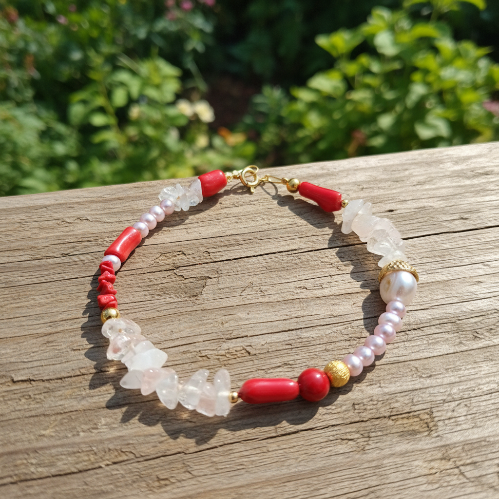 Bracelet with corals ,pearls, quartz and gold plated sterling silver - Katerina Roukouna