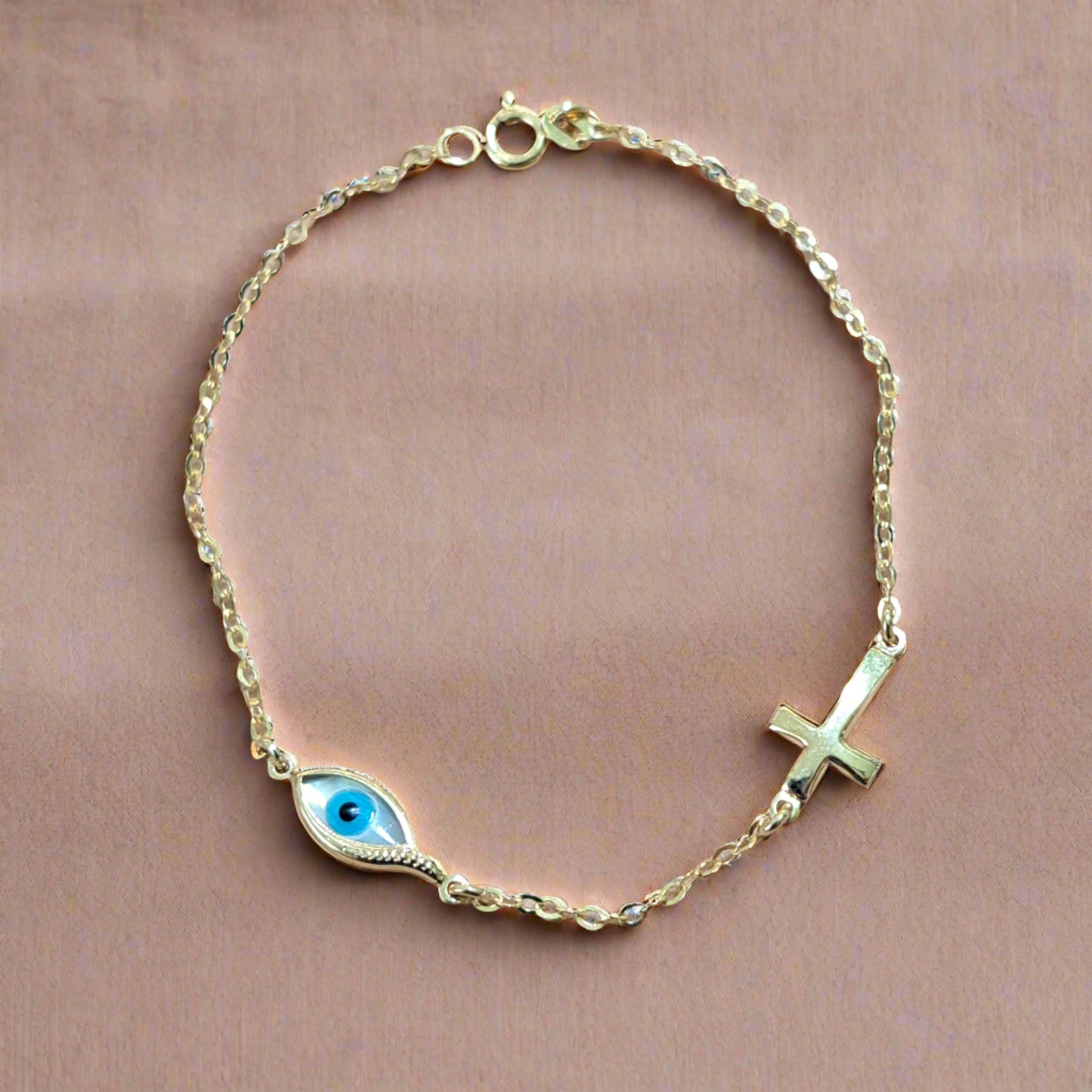 14K Gold bracelet with evil eye and a cross. - Katerina Roukouna