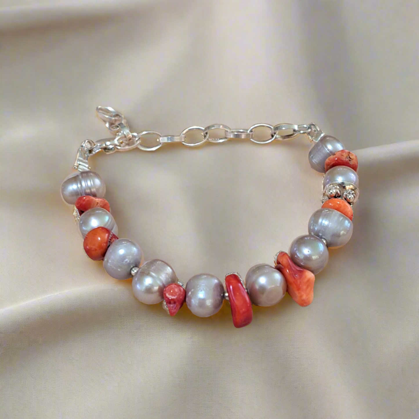 Handmade bracelet with grey pearls, corals and sterling silver - Katerina Roukouna
