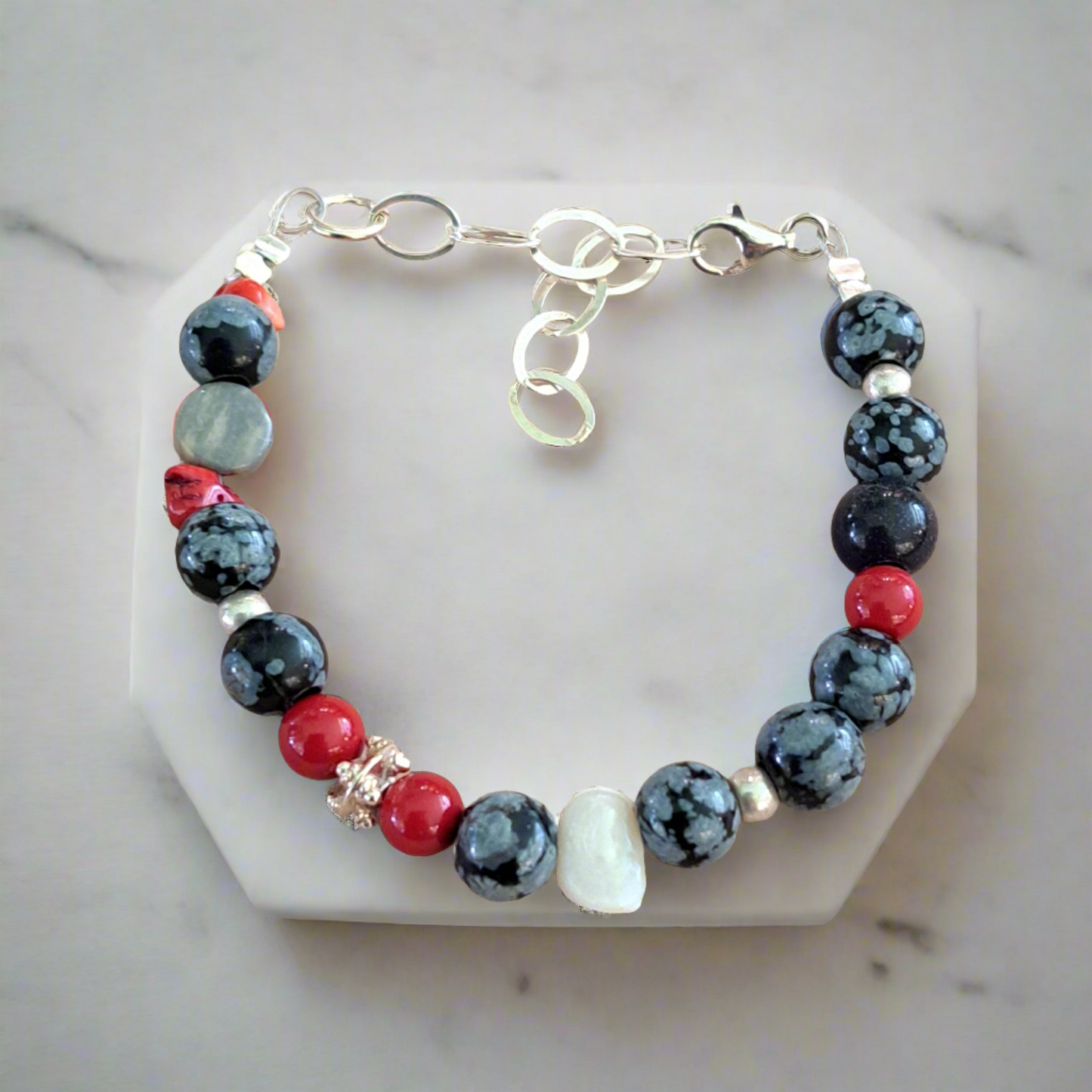 Handmade bracelet with onyx, corals, sterling silver and a pearl - Katerina Roukouna