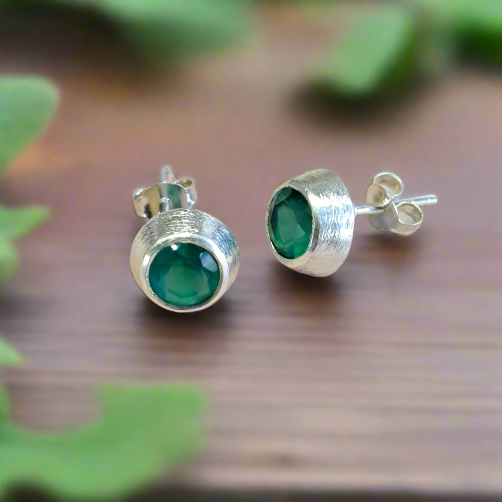 Sterling silver stud earrings with green agates