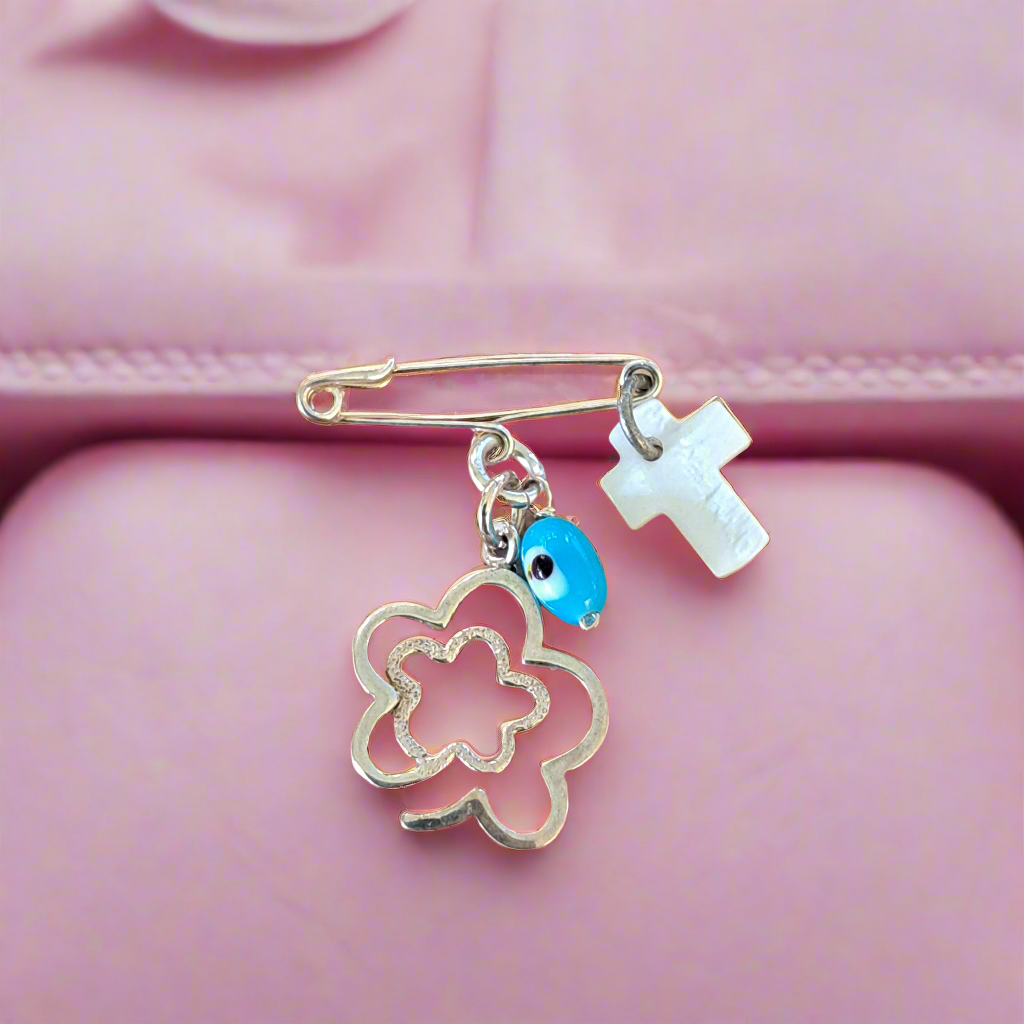 Handmade sterling silver baby pin charm- double flower