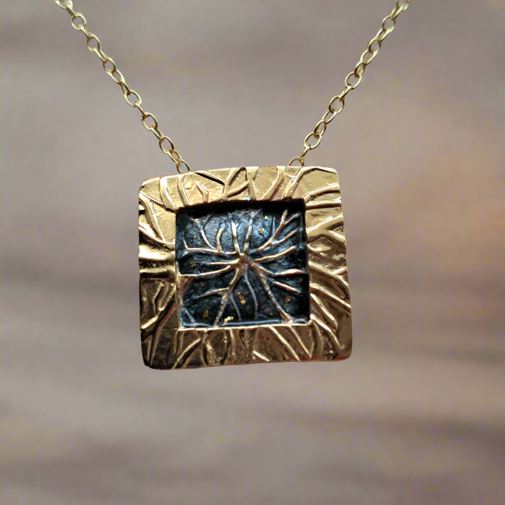 Handmade gold plated square necklace with grey enamel - Katerina Roukouna