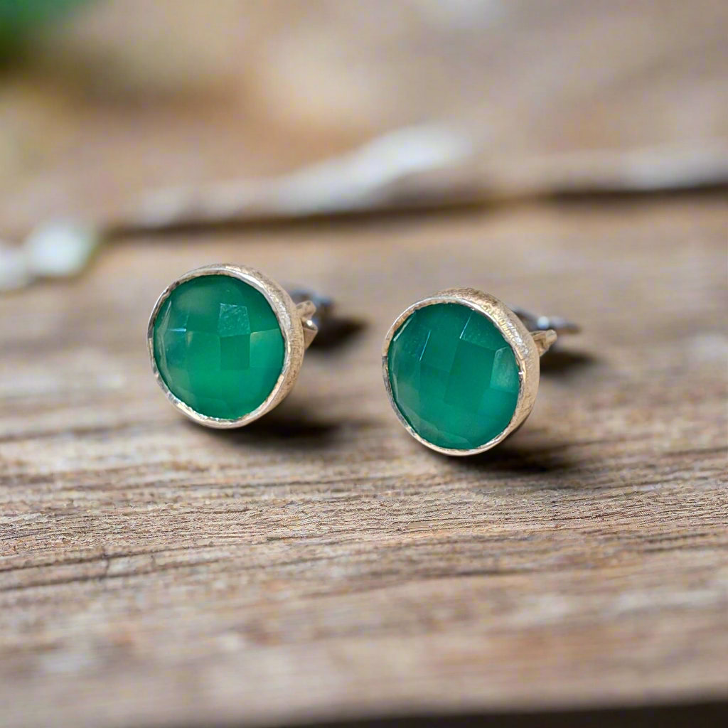 Stud sterling silver earrings -green agates