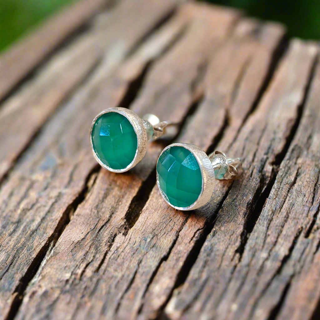 Stud sterling silver earrings -green agates