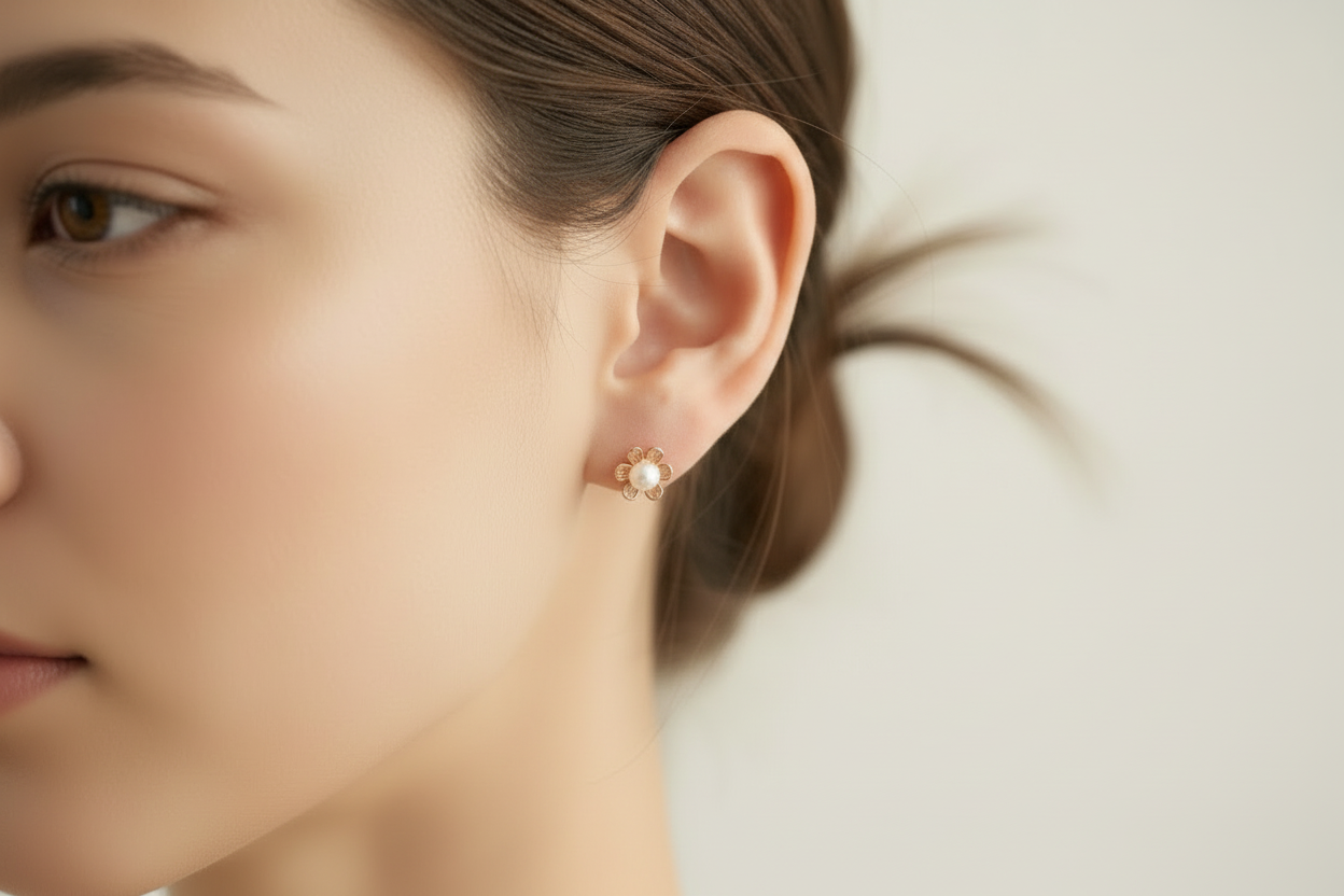 14K Red Gold flower earrings with pearls - Katerina Roukouna