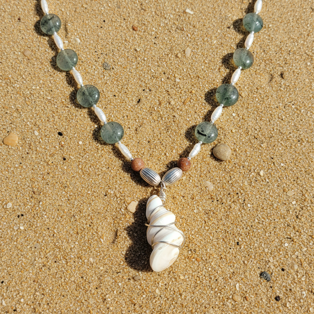 Handmade necklace with pearls a shell, fluorites and sterling silver