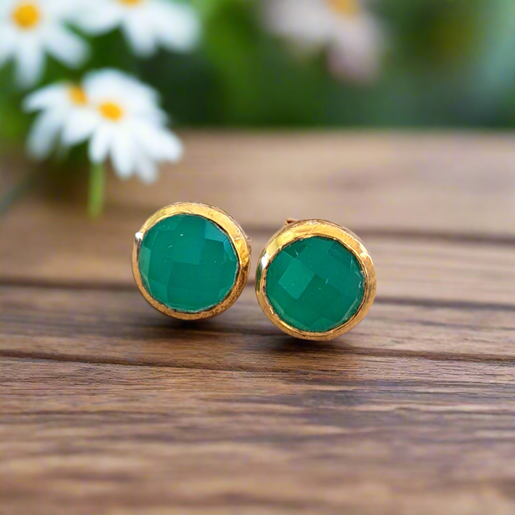 Green agates gold plated silver earrings