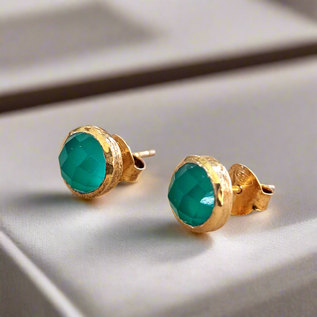 Green agates gold plated silver earrings
