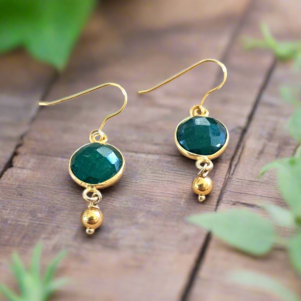 Handmade gold plated silver earrings with green agates