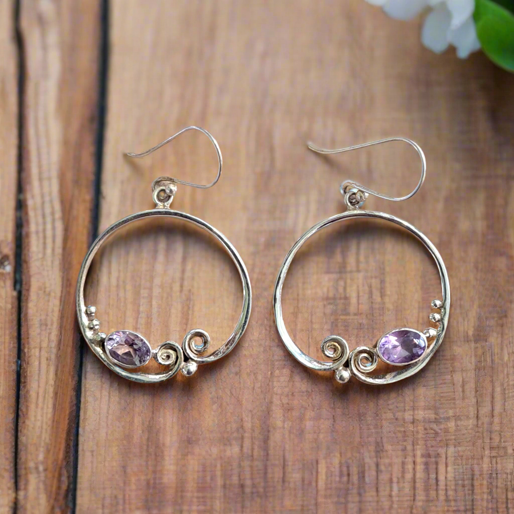Handmade round sterling silver earrings with oval amethysts - Katerina Roukouna