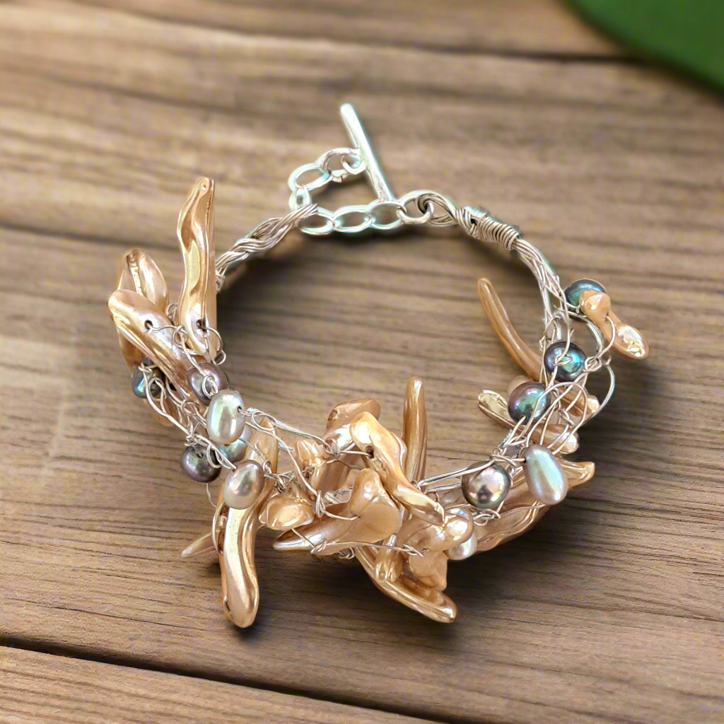 Handmade sterling silver bracelet with grey green pearls and mother of pearl - Katerina Roukouna