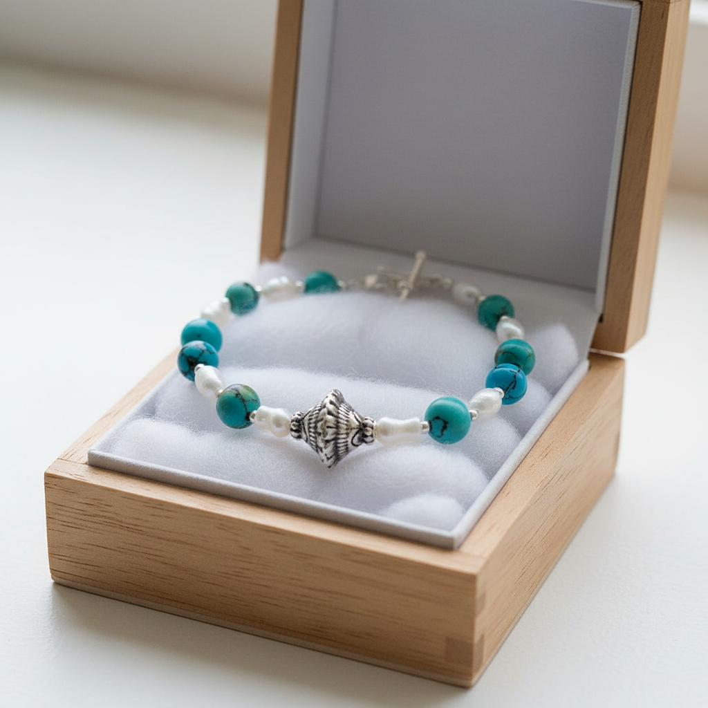 Handmade bracelet with an antique sterling silver element, pearls ans turqoise. - Katerina Roukouna
