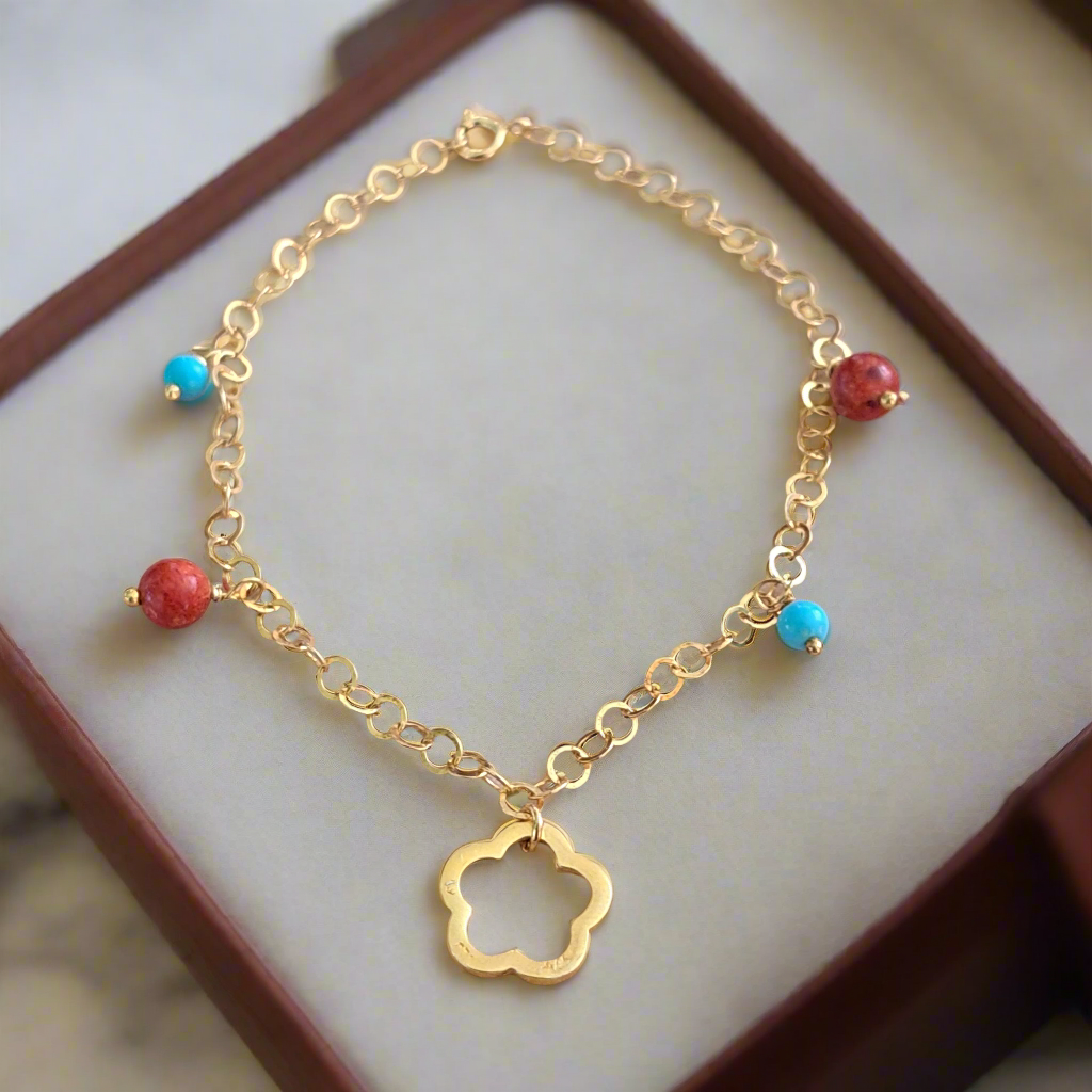 Handmade gold plted sterling silver bracelet with corals and turqoise