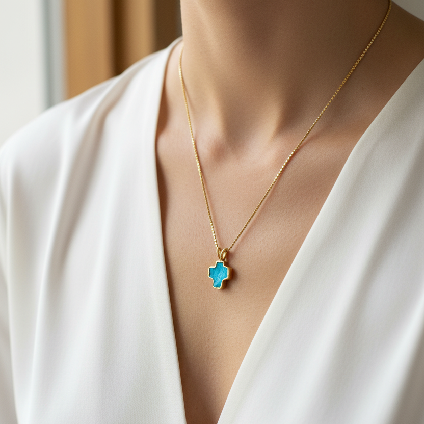 Handmade 18K cross with turqoise and sterling silver