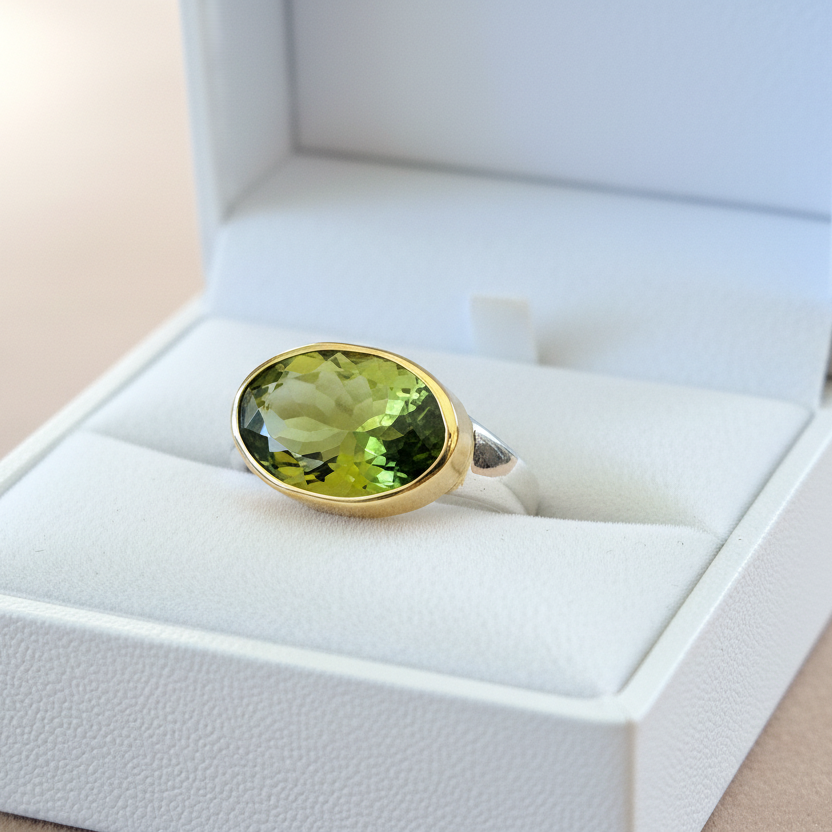 Handmade 18K and sterling silver ring with oval peridot
