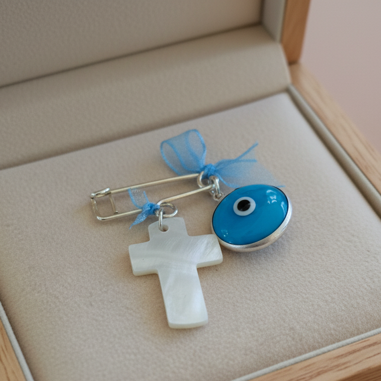 Evil eye lucky charm with mother of pearl cross