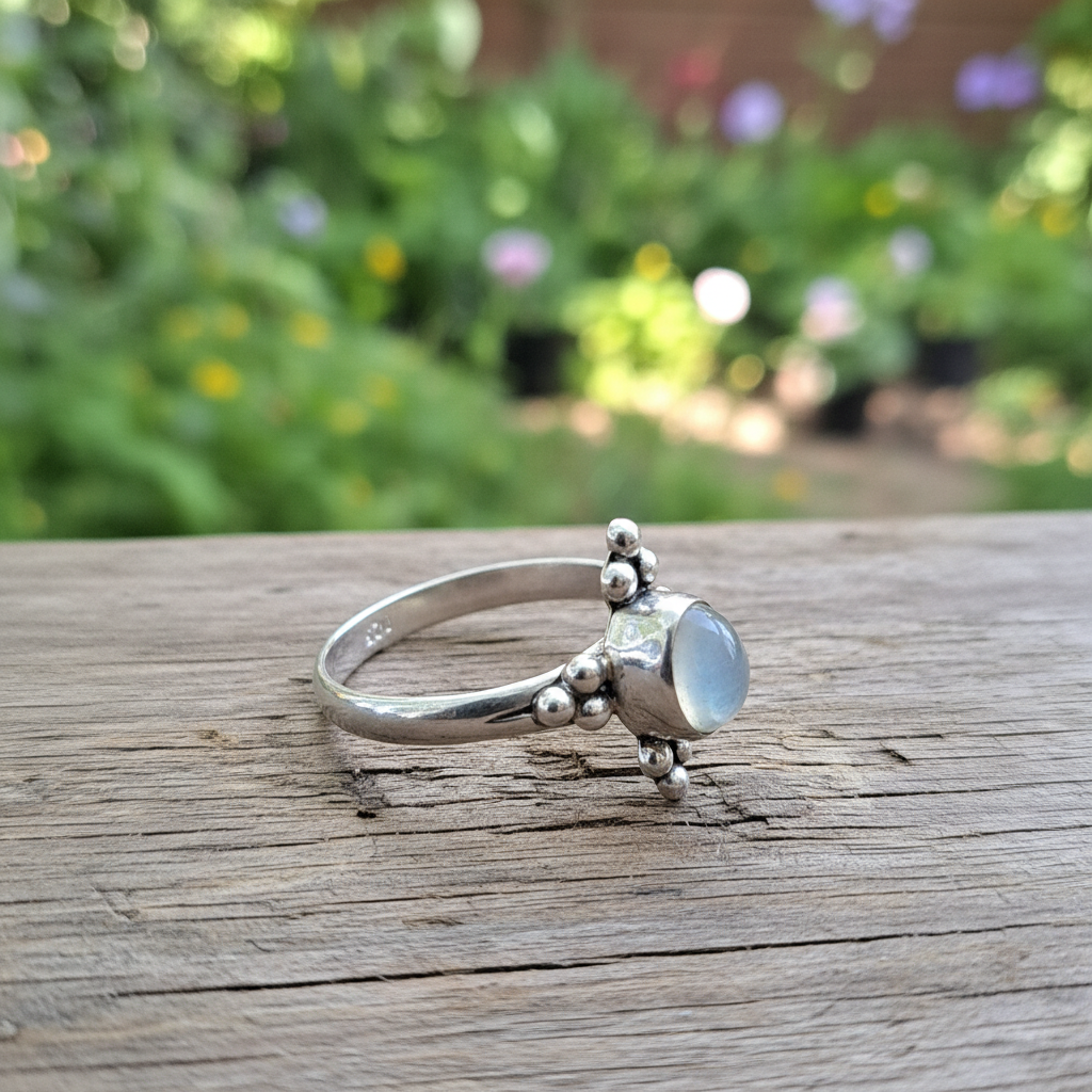 Handmade sterling silver ring with oval moonstone.