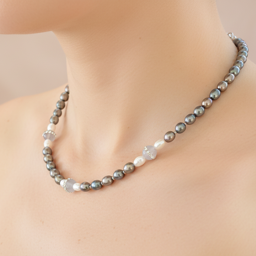Handmade necklace with sterling silver, qrey and white pearls and grey agate. - Katerina Roukouna