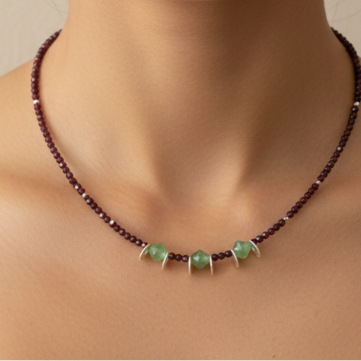 Handmade necklace with garners, green agates and sterling silver - Katerina Roukouna