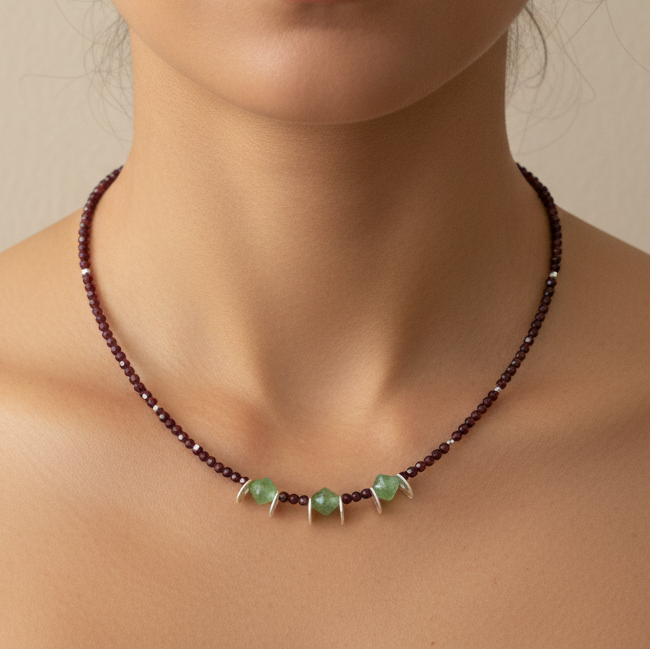 Handmade necklace with garners, green agates and sterling silver - Katerina Roukouna