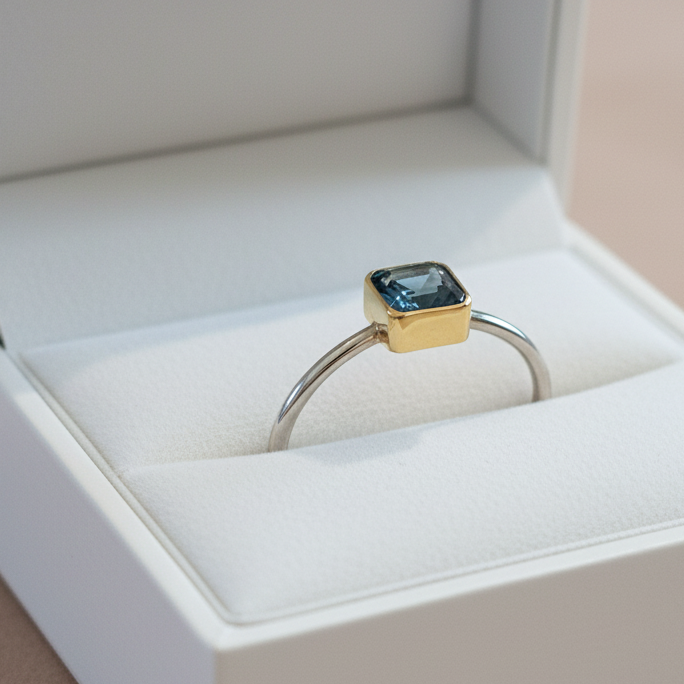 Handmade 18K gold and sterling silver ring with blue topaz - Katerina Roukouna