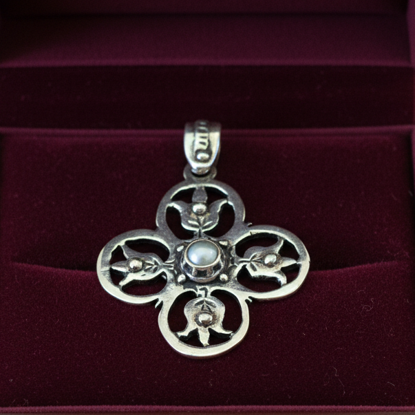 Sterling silver byzantine cross with a pearl - Katerina Roukouna