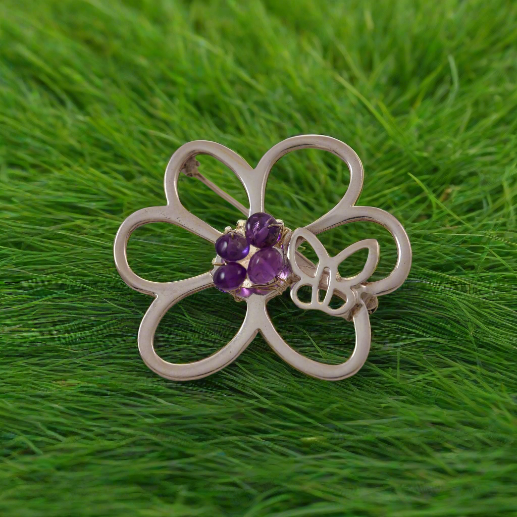 Sterling silver brooch - A flower with tiny butterfly with amethysts - Katerina Roukouna