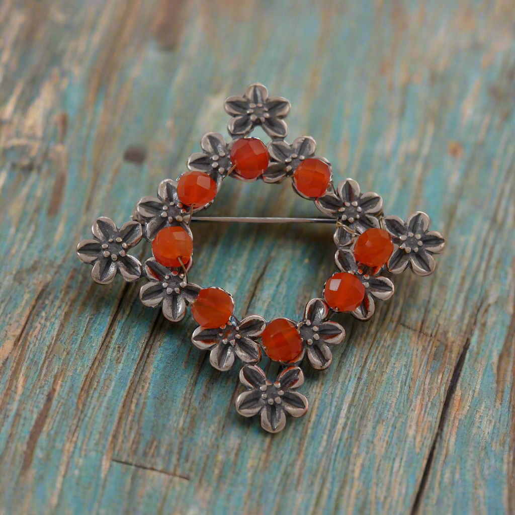 Sterling silver brooch -Wreath with Carnelians - Katerina Roukouna