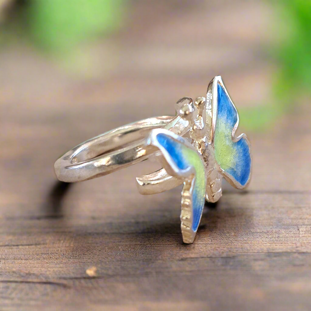 Handmade blue yellow butterfly silver ring - Katerina Roukouna