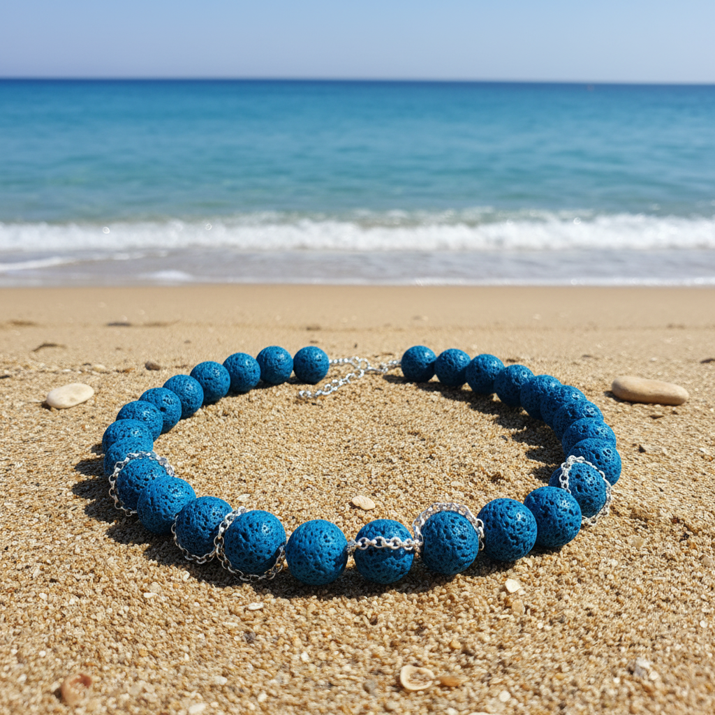 Handmade necklace with blue lava beads and sterling silver chains