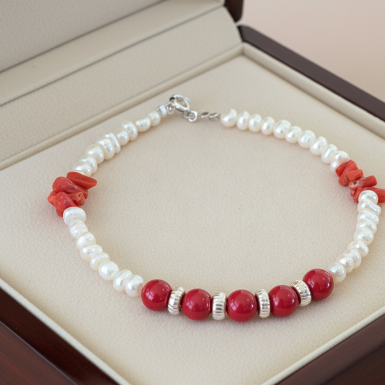 Handmade bracelet with pearls, corals and sterling silver - Katerina Roukouna