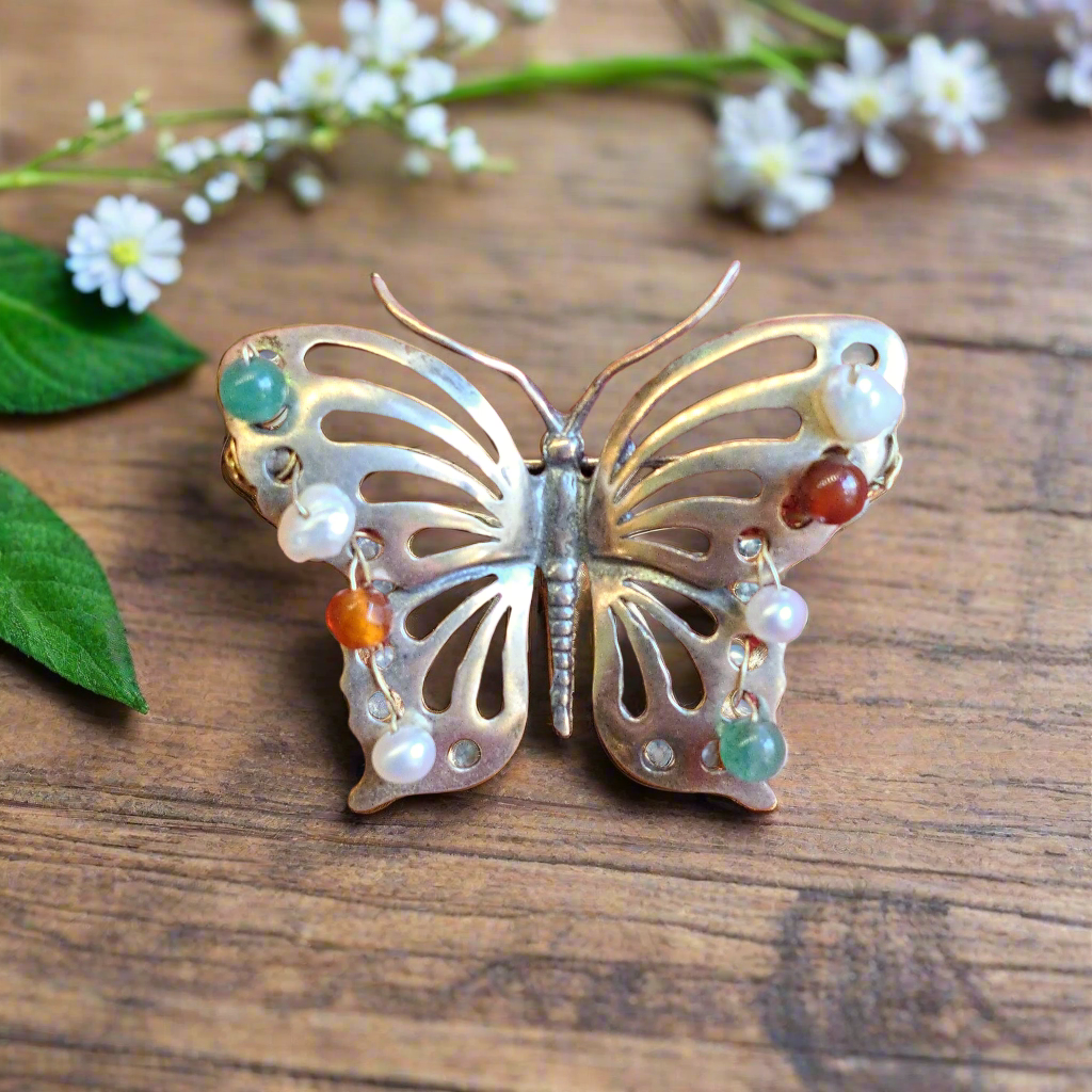 Butterfly with gems- sterling silver brooch - Katerina Roukouna