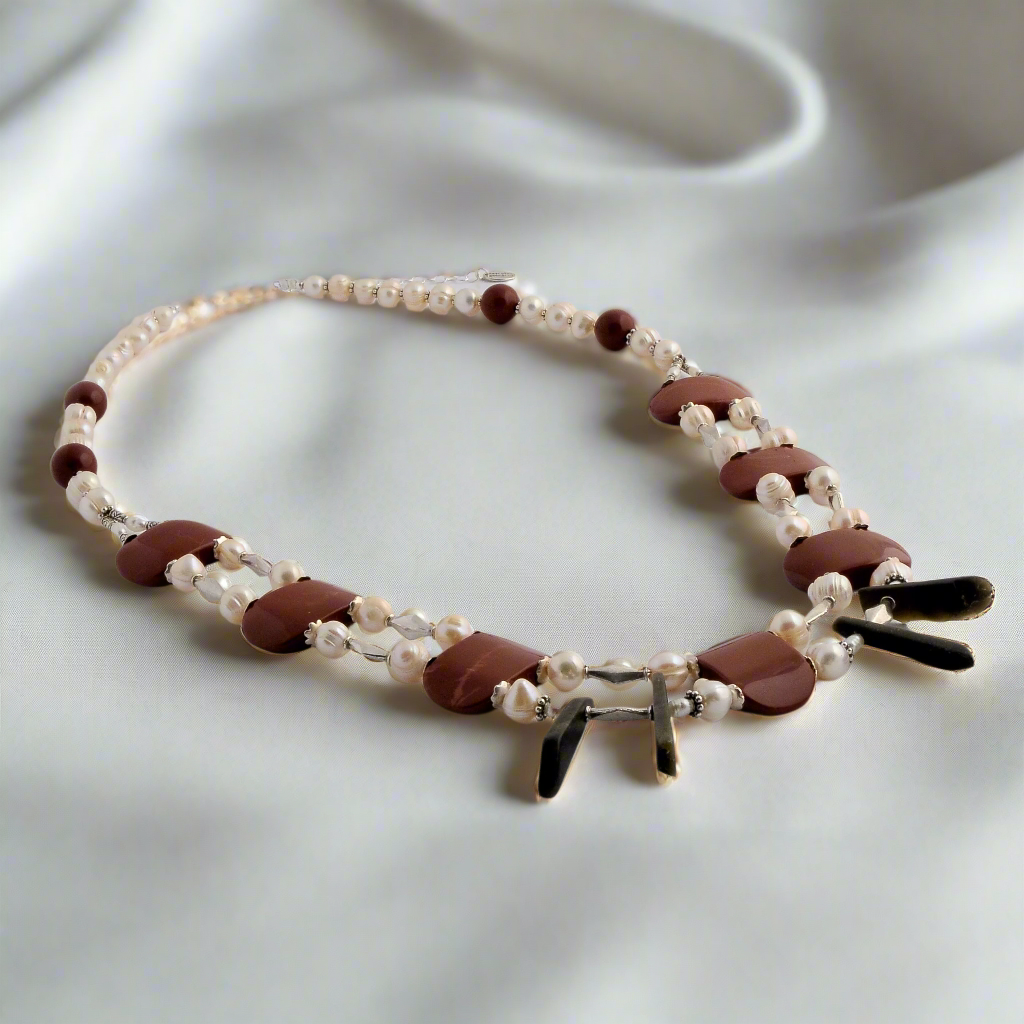 Handmade necklace with pearls, jasper, onyx and sterling silver elements. - Katerina Roukouna