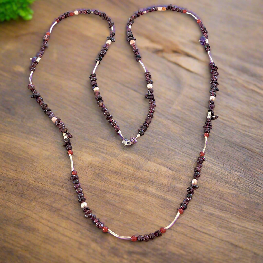Handmade necklace with garnets, pearls, cornelians and sterling silver