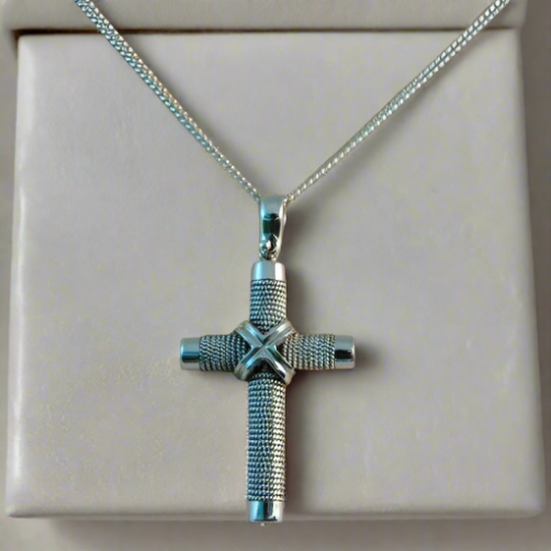Handmade 18K White gold cross with knitted wires. - Katerina Roukouna