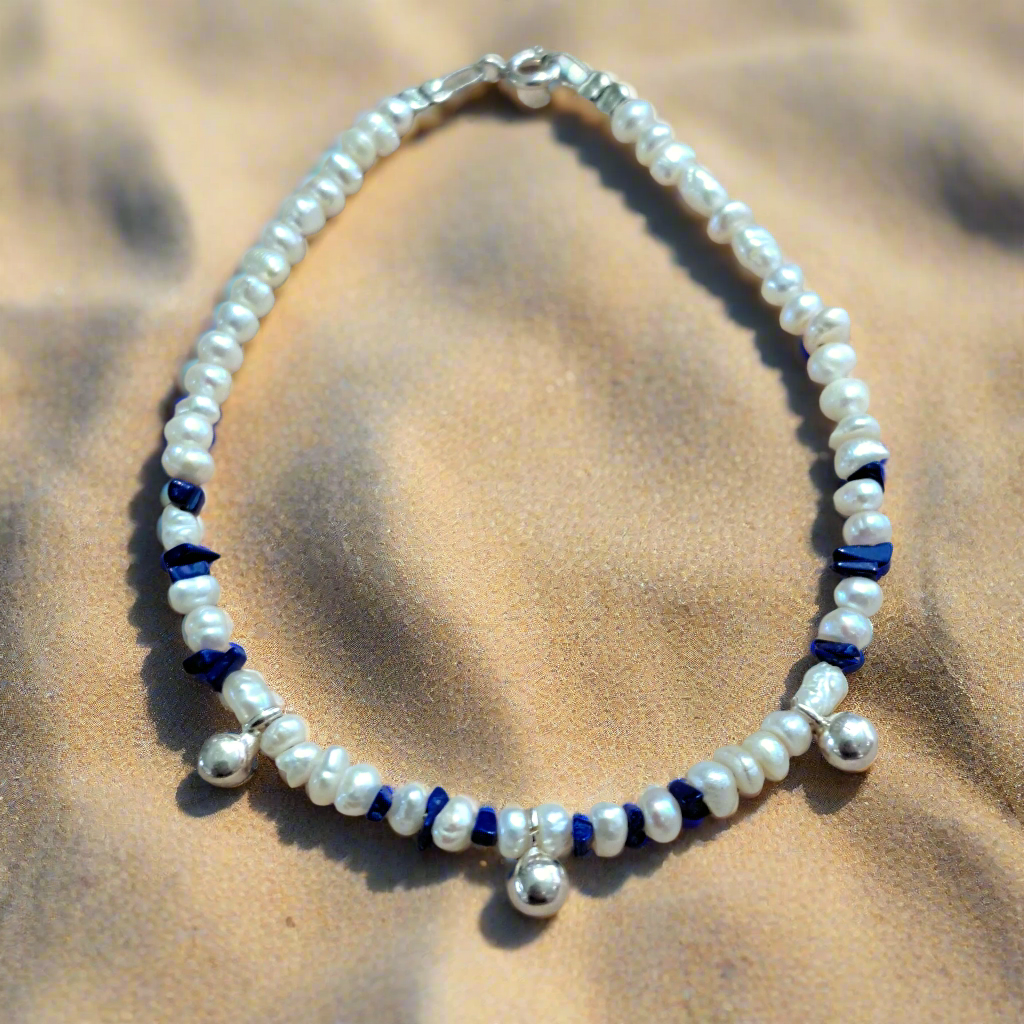Handmade bracelet with pearls, sterling silver and lapis lazouli - Katerina Roukouna