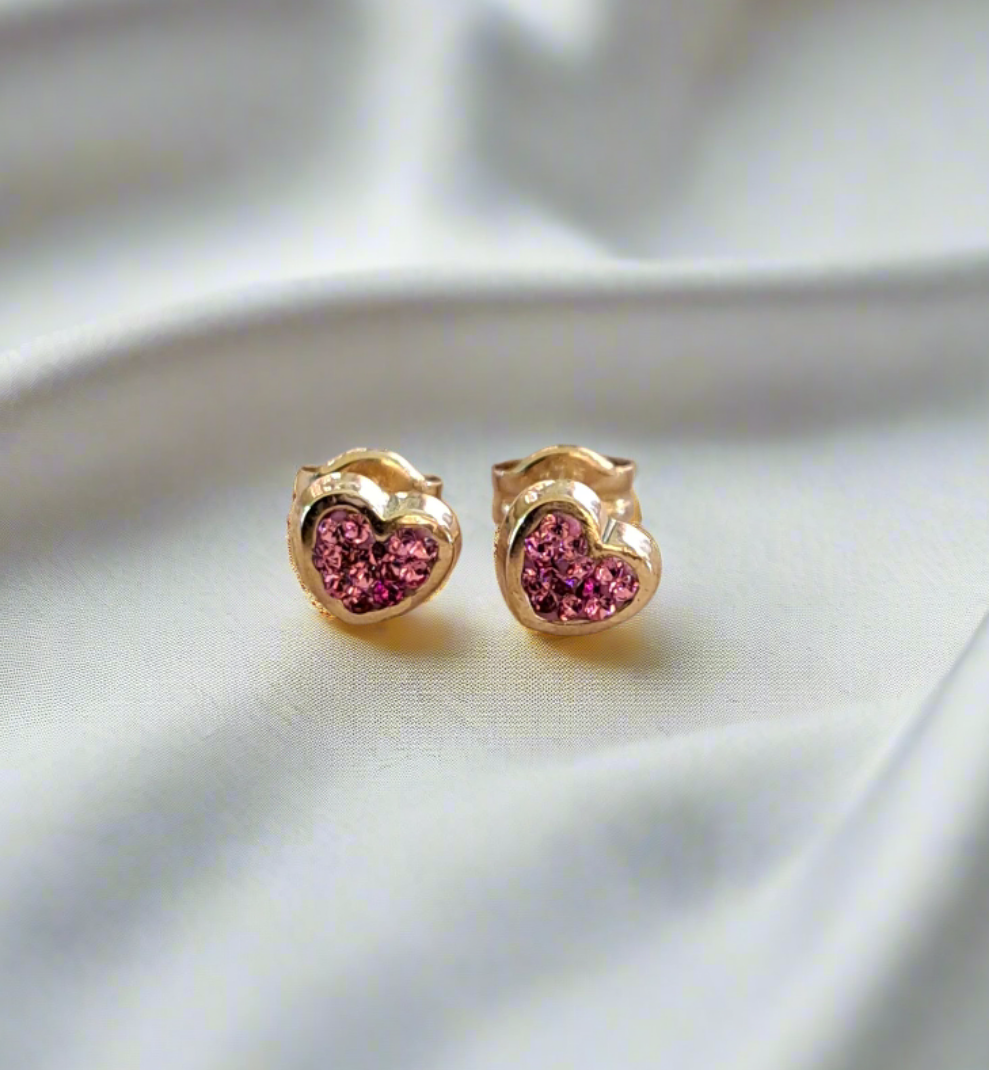 9K Gold hearts stud earrings with pink swarovski stones