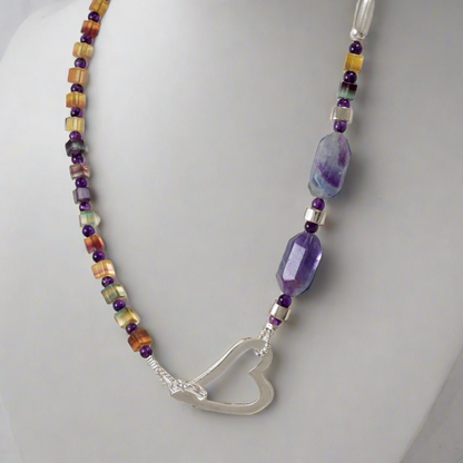 Fluorites, Amethysts, and Sterling Silver Heart Necklace