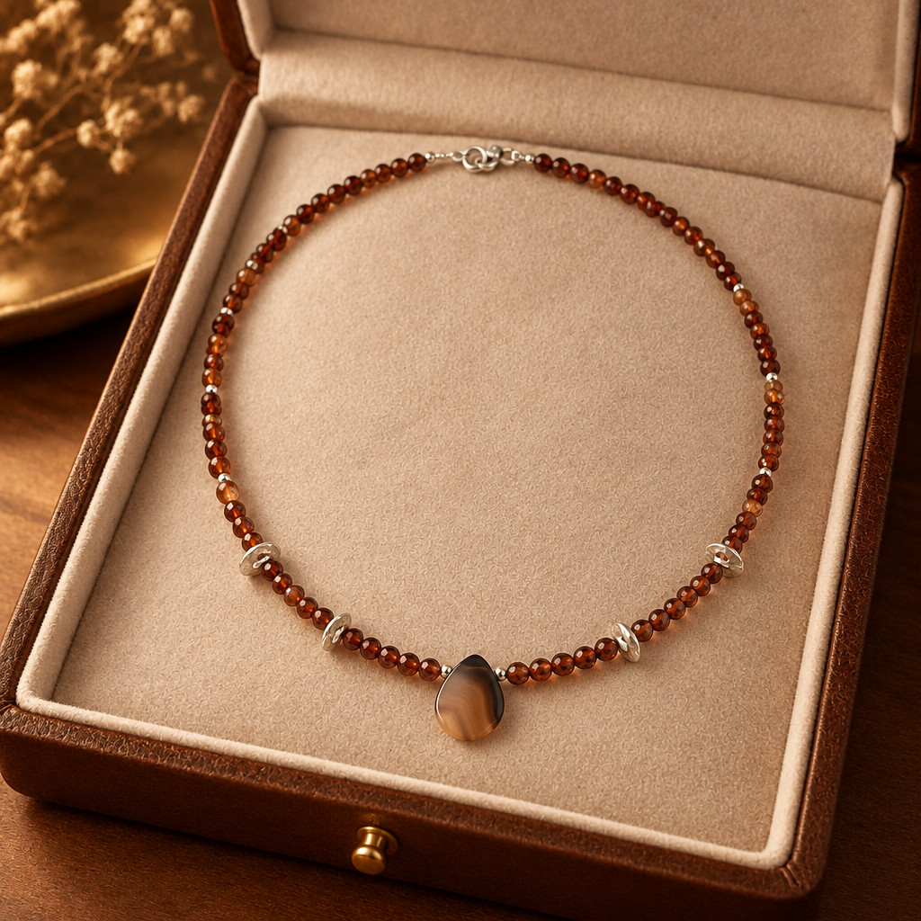 Handmade necklace with garnets, agate and sterling silver - Katerina Roukouna