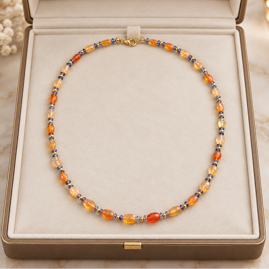 Handmade necklace with fire opals and iolites with 18K Gold.