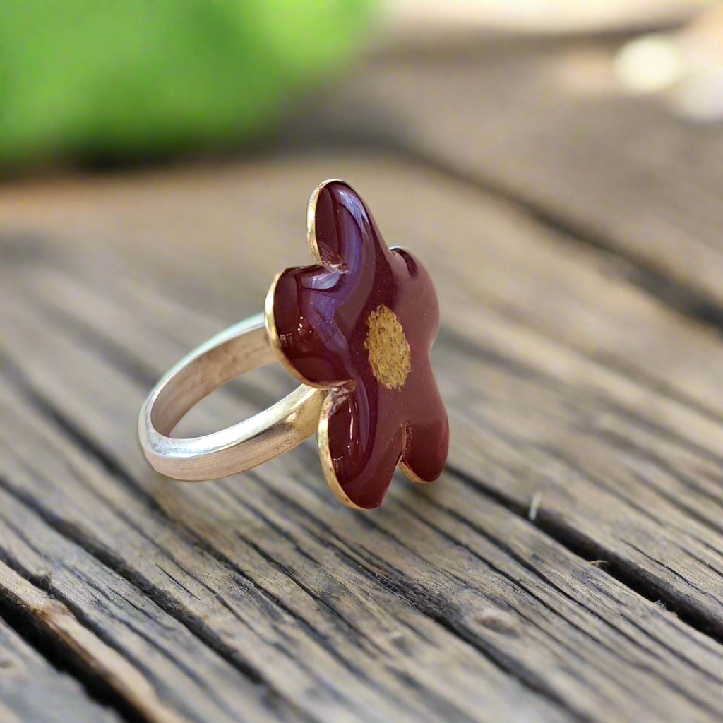 Red flower brass- sterling silver ring