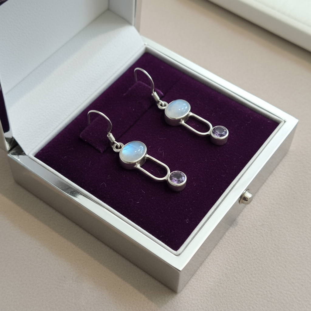 Handmade earrings with moonstones and amethysts - Katerina Roukouna